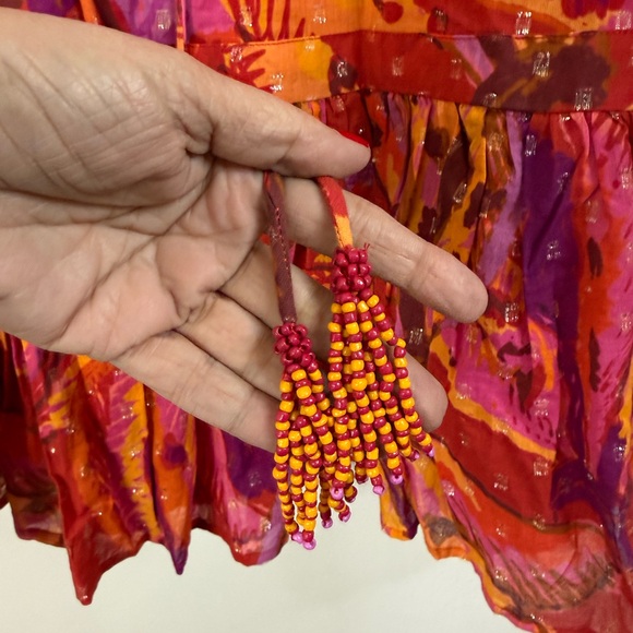 Farm Rio banana juice, pink and red, tropical, long sleeve tiered, mini dress L - Picture 7 of 12